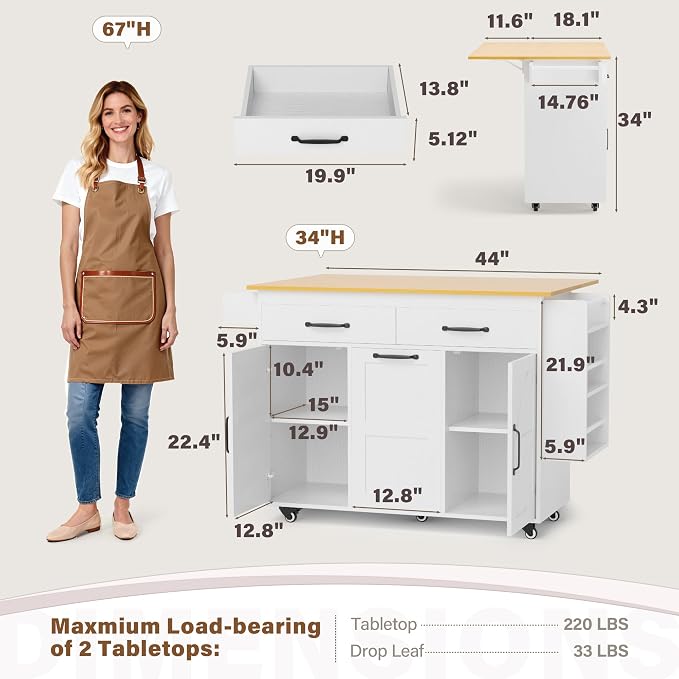 YESHOMY Kitchen Island on Wheels with Trash Cabinet, 56" Mobile Cart with Drop Leaf and Drawers, Rolling Portable Table with Spice Rack & Towel Holder for Dining Room, White & Oak