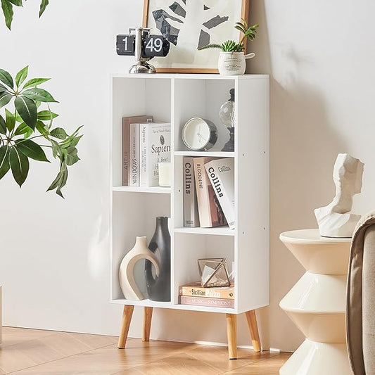 LEYAOYAO 5 Cube Bookshelf 3-Tier Bookcase with Legs,Mint White Kids Book Shelf Cute Storage Organizer,Free Standing Open Toy Shelves Wood Bookshelves,Display Bookcases for Bedroom,Living Room,Nursery