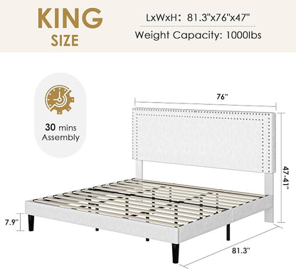 VECELO King Bed Frame with Rivet-Tufted Headboard & Footboard, Upholstered Platform Bed with Wood Slats Support, No Box Spring Needed, Noise-Free, Easy Assembly, White