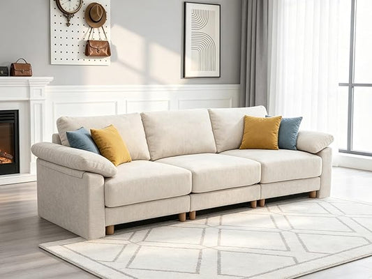 Oversized L Shaped Sectional Couch for Living Room, Extra Large Deep Seat Modular Sectional Sofa with Washable Covers, Modern Cloud Couch for Apartment, Bedroom (Beige, 3 Seater)
