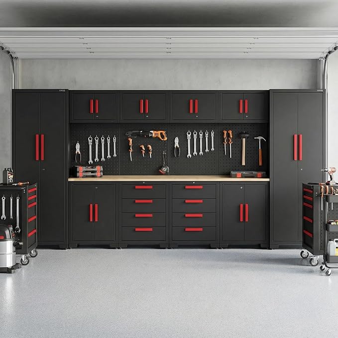 Garage Storage Cabinet System, 12Pcs Garage Cabinets and Storage System Corner Workshop Set with Corner Cabinet, Cabinet Drawers, Workbench, Pegboard for Tool Organization, Black Red