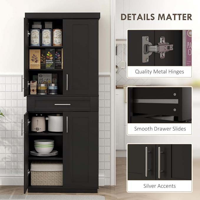 HOMCOM 72" Kitchen Pantry Cabinet, Freestanding Tall Storage Cabinet with 4 Doors, Drawer and 3 Adjustable Shelves for Dining Room, Black