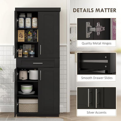 HOMCOM 72" Kitchen Pantry Cabinet, Freestanding Tall Storage Cabinet with 4 Doors, Drawer and 3 Adjustable Shelves for Dining Room, Black