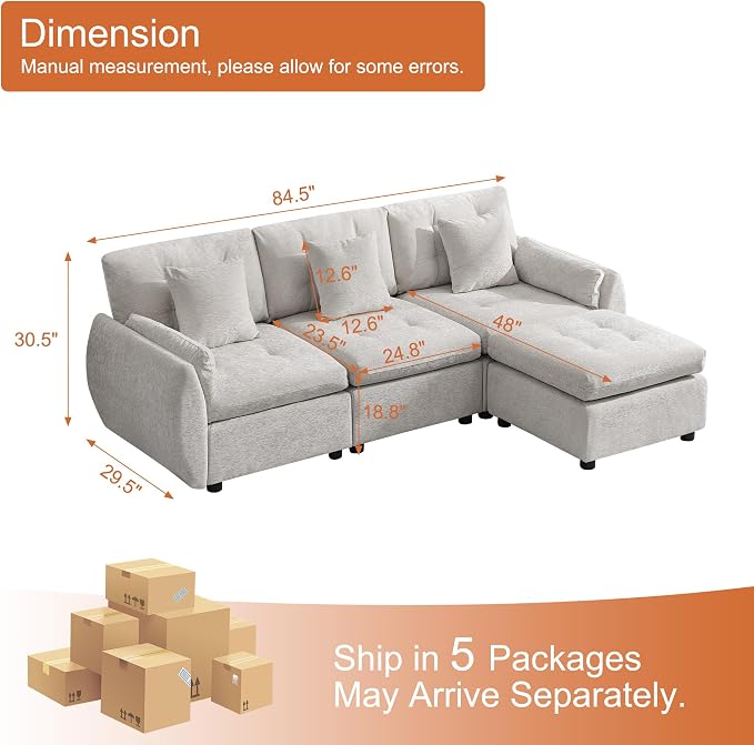 84" L Shaped Modular Sectional Cloud Sofa with Ottoman, Deep Seat Tufted Chenille 4-Seater Couch with Curved Arms, Light Grey