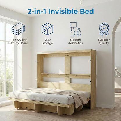 Mjkone Queen Size Wall Bed with Storage Shelf, Queen Wall Cabinet Murphy Beds with Bookshelf, 82" W Top Cabinet Bed Frame, Space-Saving Cabinets Beds for Bedroom/Guest Room/Studio/Office - Wood Color