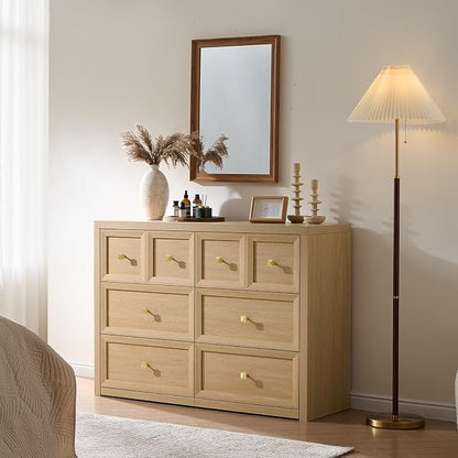6 Drawers Dresser for Bedroom-46.5" Wide Wooden Chest of Drawers with Large Storage, Long Dresser TV Stand with Drawers, Farmhouse Closet Dressers for Living Room Bedroom, Natural