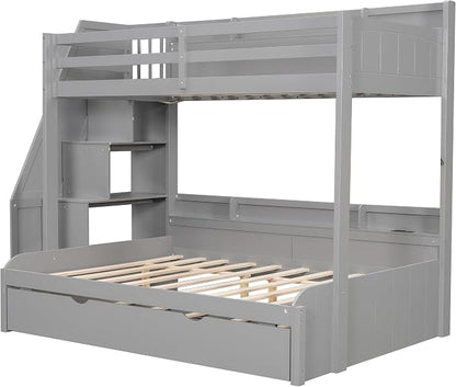 RUNNA Twin Over Full Bunk Bed with Trundle,Storage Stairs,USB Grey | Twin over full bunk bed with trundle, storage stairs, shelves, USB, solid pine wood, guardrails, no box spring needed
