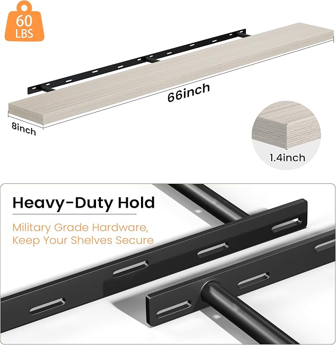 Fun Memories 66 Inch Floating Shelves - Fireplace Mantel Shelf - Deep Wall Mounted Wood Storage Shelf for Bedroom, Kitchen, Farmhouse - 2 Pack, Grey