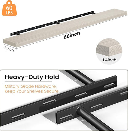 Fun Memories 66 Inch Floating Shelves - Fireplace Mantel Shelf - Deep Wall Mounted Wood Storage Shelf for Bedroom, Kitchen, Farmhouse - 2 Pack, Grey