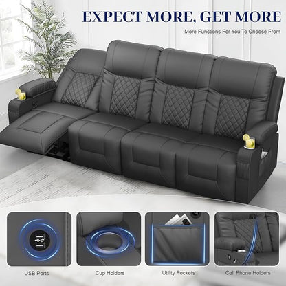 4 Seater Recliner Sofa, Home Theater Seating with Storage & Pocket, 4 Seat Reclining Couch with USB Ports & Phone Holders, Wall Hugger RV Sofa Furniture Loveseat Recliner Couch