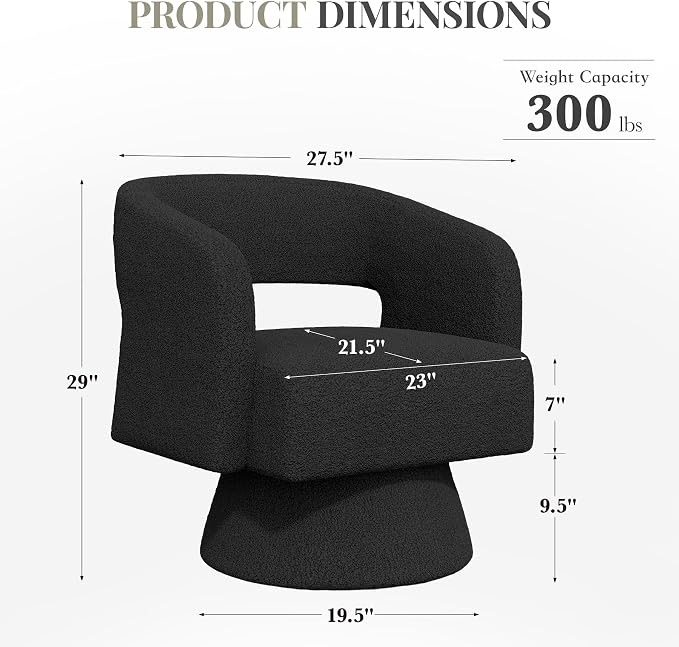 Luxanimarion Swivel Barrel Accent Chair,Oversized Teddy Upholstered Round Swivel Chair,Modern Luxury 360 Degree Living Room Vanity Chair for Bedroom Office,Black,4PCS