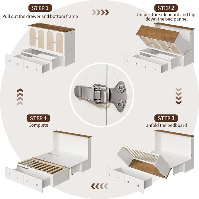 Yoobure Queen Murphy Bed with Charging Station - Rattan Queen Bed Frame with Storage Drawers, Wood Cabinet Beds for Guest Bedroom, Living Room, Office, Farmhouse Hideaway Beds with Foldable Platform