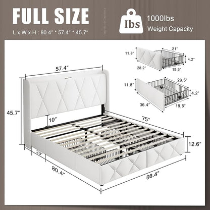 Einhomn Full Size Bed Frame with 4 Storage Drawers and Charging Station, Upholstered Platform Bed Frame with Storage Headboard, No Box Spring Needed, Easy Assembly, White