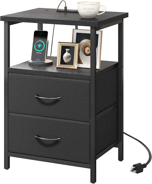 Fixwal Black Night Stand with Charger Station, Nightstand with Charging Station & Fabric Drawers