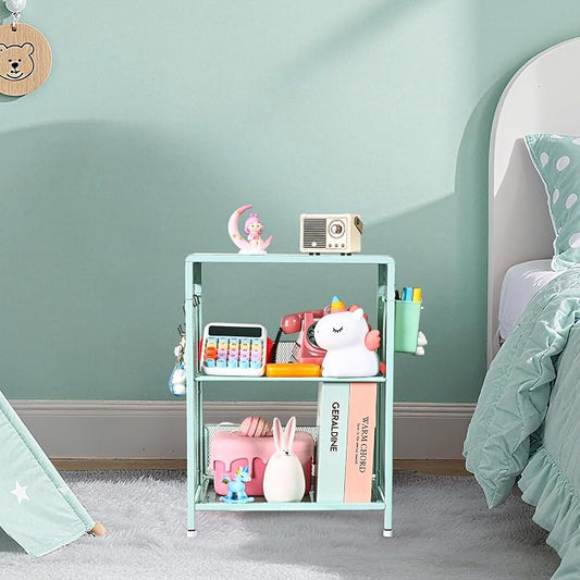 Mint Green Kids Nightstand, Small Nightstand for Bedroom, End Table with Hooks and Holder, Toddler Bedside Table, Desk Organizer for Office, Small Desk for Living Room, Dorm (Mint)