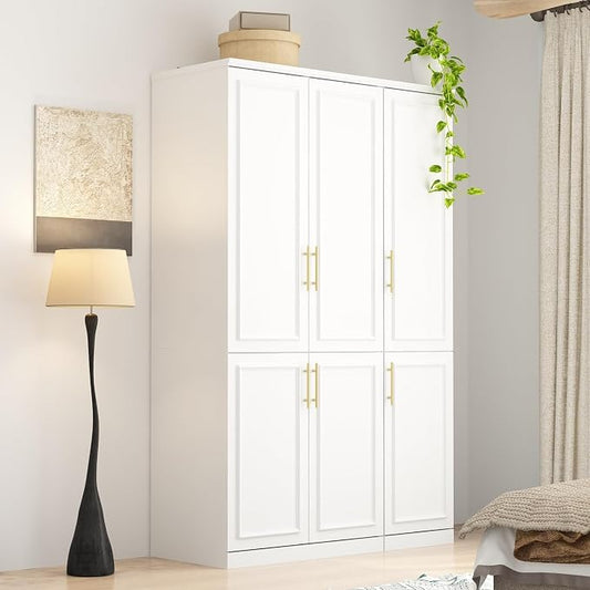 WOODTIME Wardrobe Closet with 2 Hanging Rods, Modern Wooden Armoire with 6 Framed Doors & 6 Shelves, Clothes Storage Cabinet Organizer for Bedroom Apartment, White