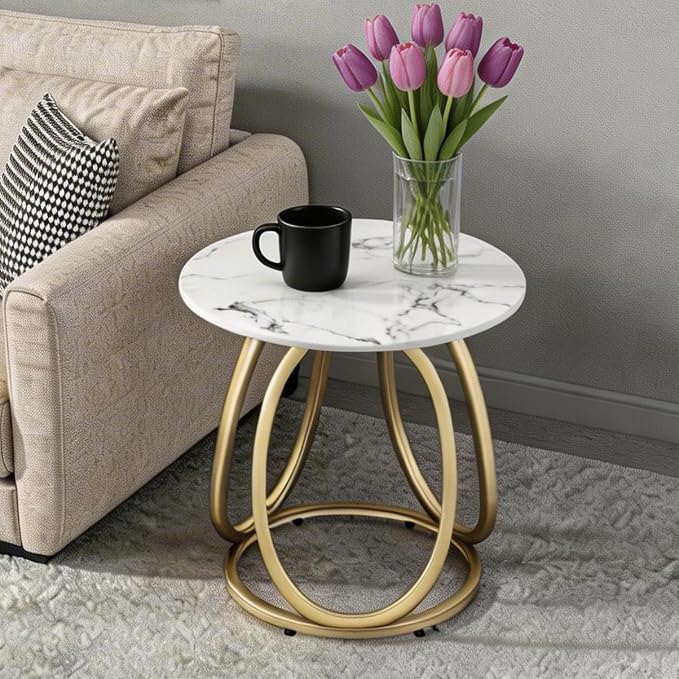 O&K FURNITURE Modern Gold Side Table, Round End Table with Sintered Stone Tabletop, Nightstand for Small Spaces, Bedroom, Home Office, 1PC