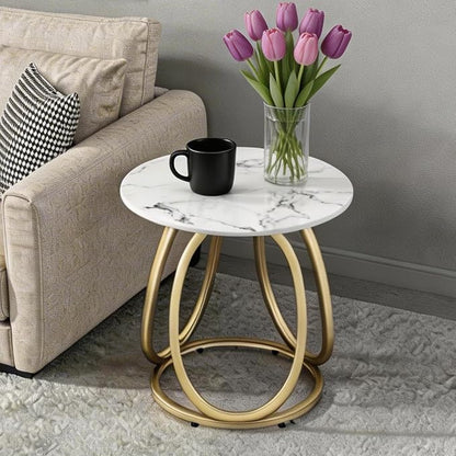 O&K FURNITURE Modern Gold Side Table, Round End Table with Sintered Stone Tabletop, Nightstand for Small Spaces, Bedroom, Home Office, 1PC