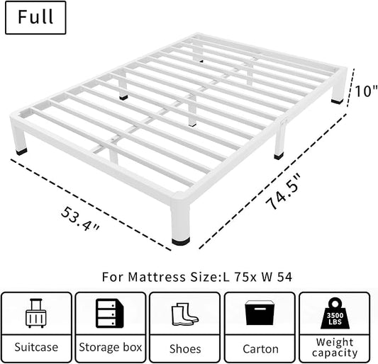ROIL 10 Inch White Full Bed Frame with Rounded Corner and Mattress Retainers, 3500LBS Heavy Duty Steel Slats No Box Spring Needed Platform Noise-Free Easy Assembly