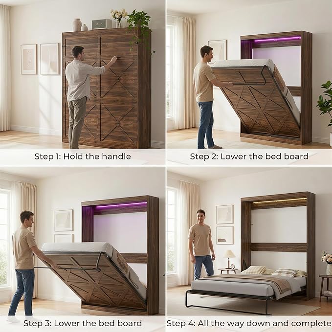 Mjkone Full Murphy Bed, Cabinet Beds Full Size, Modern Hidden Murphy Wall Chest Beds with Space-Saving Design, Adults Cabinet Guest Bed with 16 Colors of LED Lights for Bedroom, Apartment - Brown