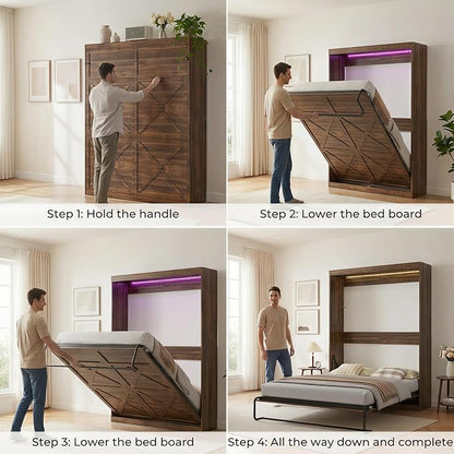 Mjkone Full Murphy Bed, Cabinet Beds Full Size, Modern Hidden Murphy Wall Chest Beds with Space-Saving Design, Adults Cabinet Guest Bed with 16 Colors of LED Lights for Bedroom, Apartment - Brown