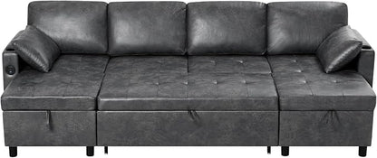 110 inches Suede Leather Sleeper Sofa w/Pull Out Bed, U-Shape Sectional Sofa Bed w/Adjustable Backrest and Storage Chaises, 4-Seats Upholstered Sofa Bed w/USB Port for Living Room, Grey