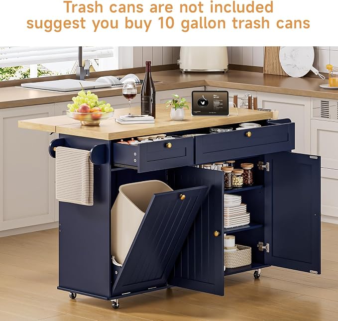ONBRILL 60" Kitchen Island with Power Outlet & Drop Leaf, Rolling Island with Spice Rack & Towel Rack, Kitchen Island Cart with Trash Storage Cabinet, Island Table for Kitchen, Blue