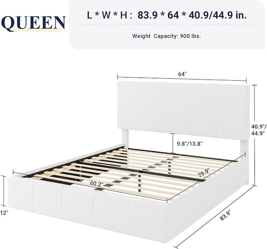 Allewie Queen Size Dutch Velvet Upholstered Platform Bed Frame/Vertical Channel Tufted Adjustable Headboard/Low Profile Bed Frame/No Box Spring Needed/Easy Assembly/White