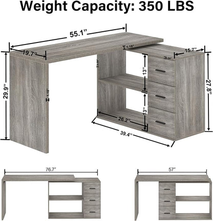 HSH L Shaped Office Desk with Drawers Shelves 55-76 Inch, Corner Computer Desk with Storage 360 Rotating Long for Work, Executive, Study, Writing, Teacher, Bedroom Modern Gaming Table, Light Grey