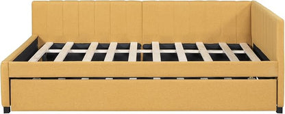Merax Full Size Upholstered Daybed with Trundle, Yellow Linen Sofa Bed Frame for Bedroom Guest Room, No Box Spring Needed