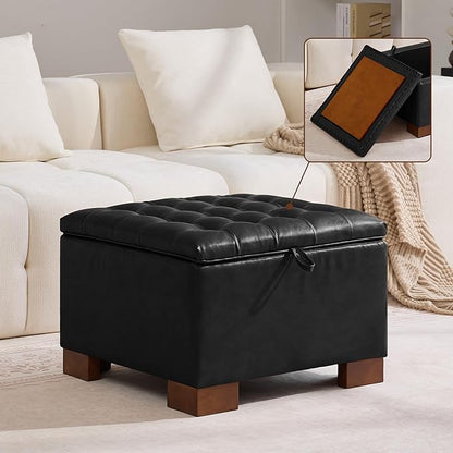 WUTUTUEE 24" Faux Leather Square Storage Ottoman with Wooden Tray, Modern Tufted Button Footstool Coffee Table, Upholstered Small Ottoman for Living Room, Bedroom, Black