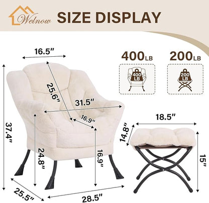 Welnow Lazy Chair with Ottoman, Modern Accent Chair with Armrests and a Side Pocket, Leisure Sofa Armchair, Reading Armchair with Footrest for Small Space, Plush Beige