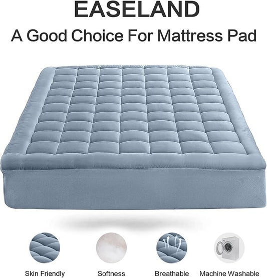 EASELAND Full Size Mattress Pad Pillow Top Mattress Topper Cotton Top | 8-21" Deep Pocket Cooling Mattress Cover/Protector 54x75 Inches Dusty Blue, Boxing Quilted & Machine Washable