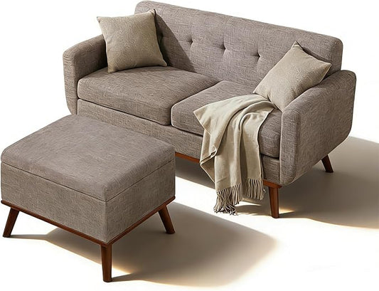 Kingfun 65" W Loveseat Sofa with Ottoman Coffee Table, Mid Century Modern Decor Love Seat Couches and Ottoman with Storage for Living Room, Button Tufted Upholstered Love Seats Furniture Set, Grey