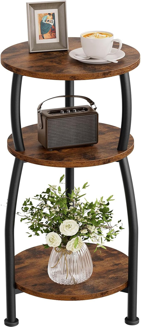 Small Round Side Table for Small Spaces, 3-Tier End Table with Storage Shelf, Slim Night Stand Sofa Corner Table for Living Room Bedroom, Patio and Corner, Rustic Brown