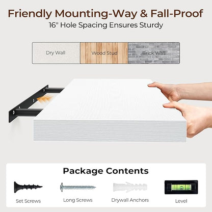 Fun Memories Floating Shelves for Wall 30 Inch Set of 3, Farmhouse Floating Shelves with Invisible Heavy Duty Bracket, 10 Inch Deep Bathroom Shelves for Storage, Living Room, Kitchen, Decor, White