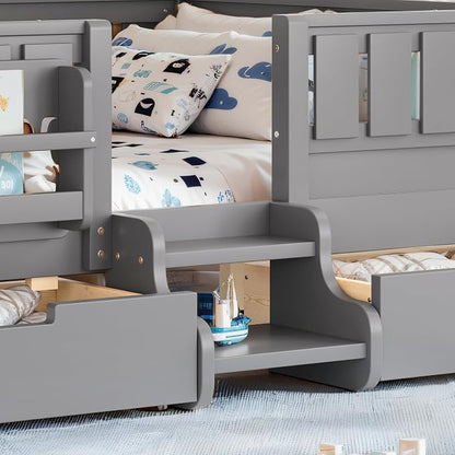 Bellemave Full Size Montessori Bed with Stairs, Rails and Slats, Full Size Montessori Floor Bed with Bookshelf and 2 Storage Drawers, Easy Assemble Beds Frame for Girls, Boys, Gray