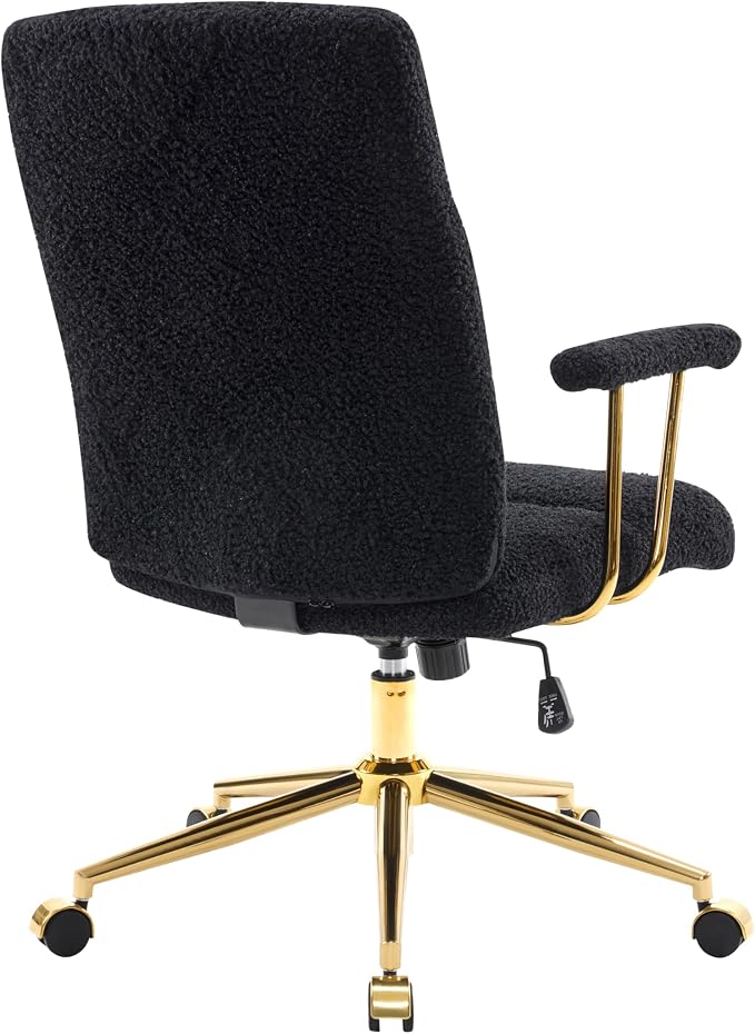 Techni Mobili Boucle Office Chair, Adjustable Desk Chair, Black & Gold | Black boucle office chair, gold base, padded seat, height adjustable, modern desk chair, textured fabric, swivel, ergonomic