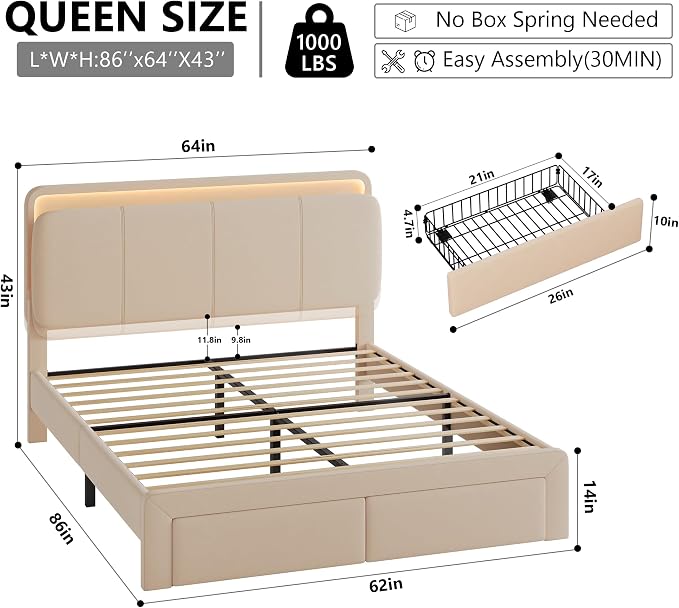 Feonase Queen Upholstered Bed Frame with Headboard and 2 Storage Drawers, Built-in Charging Station, Velvet Platform LED Bed with Solid Wood Slat Support, No Box Spring Needed, Beige
