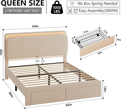 Feonase Queen Upholstered Bed Frame with Headboard and 2 Storage Drawers, Built-in Charging Station, Velvet Platform LED Bed with Solid Wood Slat Support, No Box Spring Needed, Beige