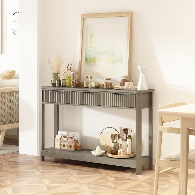 RUSTOWN Fluted Wood Console Table with 3 Drawers, 47.2" Modern Farmhouse Sofa Table & Entryway Table with Open Storage Shelf, Narrow Hallway Table for Living Room, Foyer and Hallway (Washed Oak)