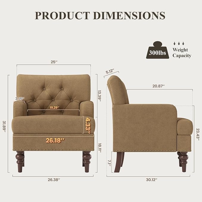 MALOL Upholstered Accent Chair, Comfy Reading Chair for Living Room, Mid Century Modern Armchair with Thick Cushion & Solid Rubberwood Legs, for Bedroom/Small Spaces, Brown