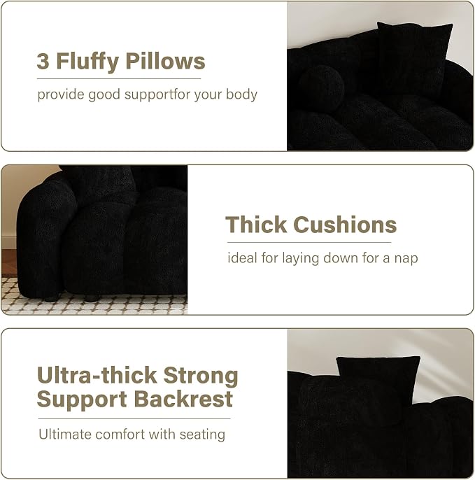 Wrofly Boucle Sofa Couch, 64.7" Modern Tufted Upholstered 2 Seater Loveseat Sofa with 3 Pillows, Comfy Deep Seat Cloud Couch, Small Love Seat for Living Room Apartment, Black