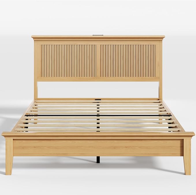 Lifezone Wood Queen Bed, Solid Wood Bed with Tall Headboard, American Vintage Design, Queen Bed with Charging Station & RGB LED, Wood Slats Support,Noise-Free,Sturdy Structure,Easy Assembly, Natural