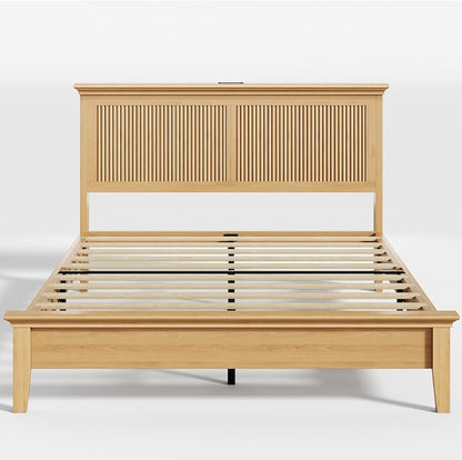 Lifezone Wood Queen Bed, Solid Wood Bed with Tall Headboard, American Vintage Design, Queen Bed with Charging Station & RGB LED, Wood Slats Support,Noise-Free,Sturdy Structure,Easy Assembly, Natural