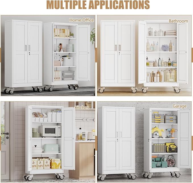 61" H Metal Pantry Storage Cabinet with Wheels,Rolling Kitchen Pantry Cabinet with 2 Doors and 3 Adjustable Shelves, Locker Steel Cabinet,Organization Cabinet for Garage,Home,Gym,School,White