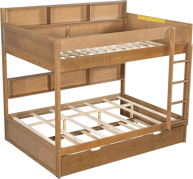 Harper & Bright Designs Rustic Wood Bunk Bed with Pull-Out Trundle, Full Over Full Wooden Bunk Bed with Large Cabinet Beside Upper and Down Bed, Wood