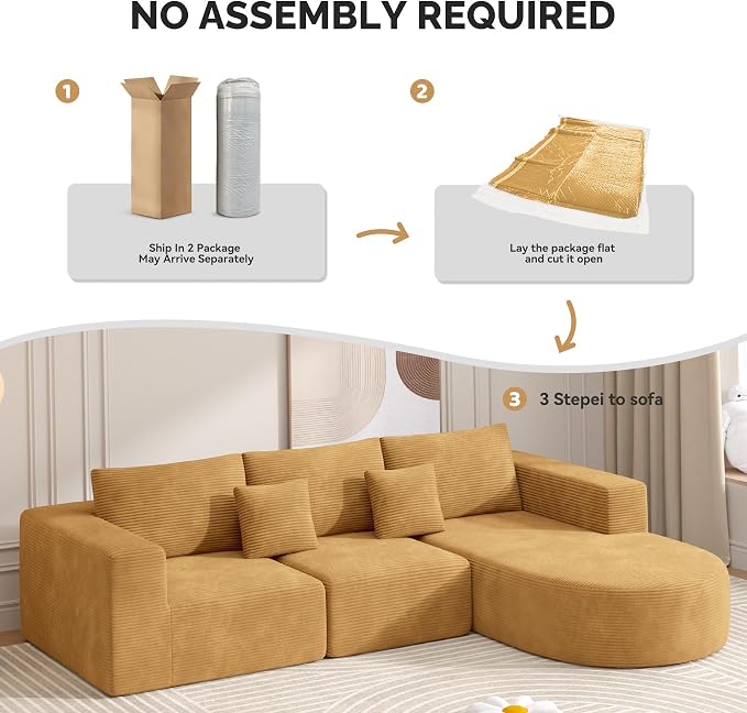 Boneless Couches for Living Room,Cloud Sectional Couch with L-Shape Chaise,Modern Modular Sofa with Deep Seat Upholstered Comfy Couches for Bedroom,No Assembly Required,1PCS