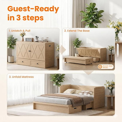 CECER Murphy Bed Queen with Mattress for Guest/Small Space-Natural Wood | Built-in Multi-Port Charging Station ＆ Large Storage Drawer，Space Saving ＆ Easy Assemble and Conversion