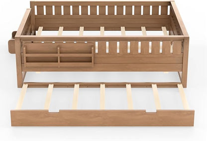 Bellemave Queen Size Kids Bed with high Rails and with Built-in Bookshelf and Trundle for Kids, Girls, Boys, Wood Montessori Bed Without Door, Natural